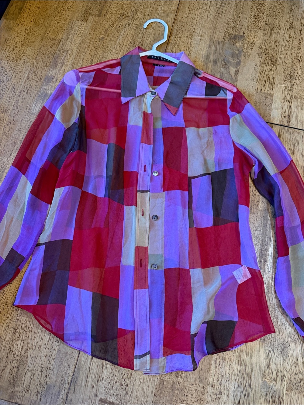 Theory Women's Sheer Multicolor Check Button-Down Shirt as seen on Charmed!